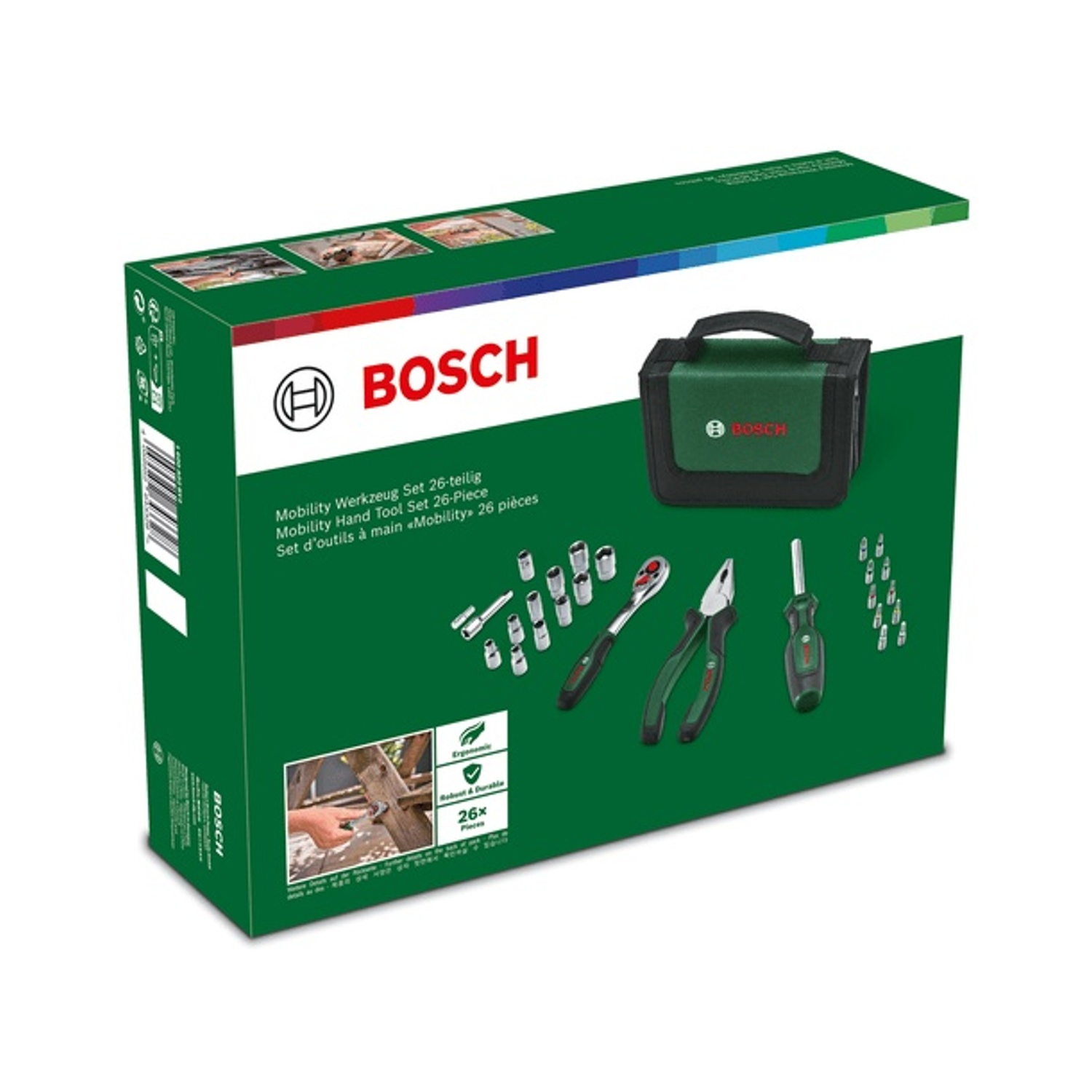 Una scatola di attrezzi Bosch verde con strumenti come un cacciavite, pinze e prese. È presente anche una custodia per il trasporto.