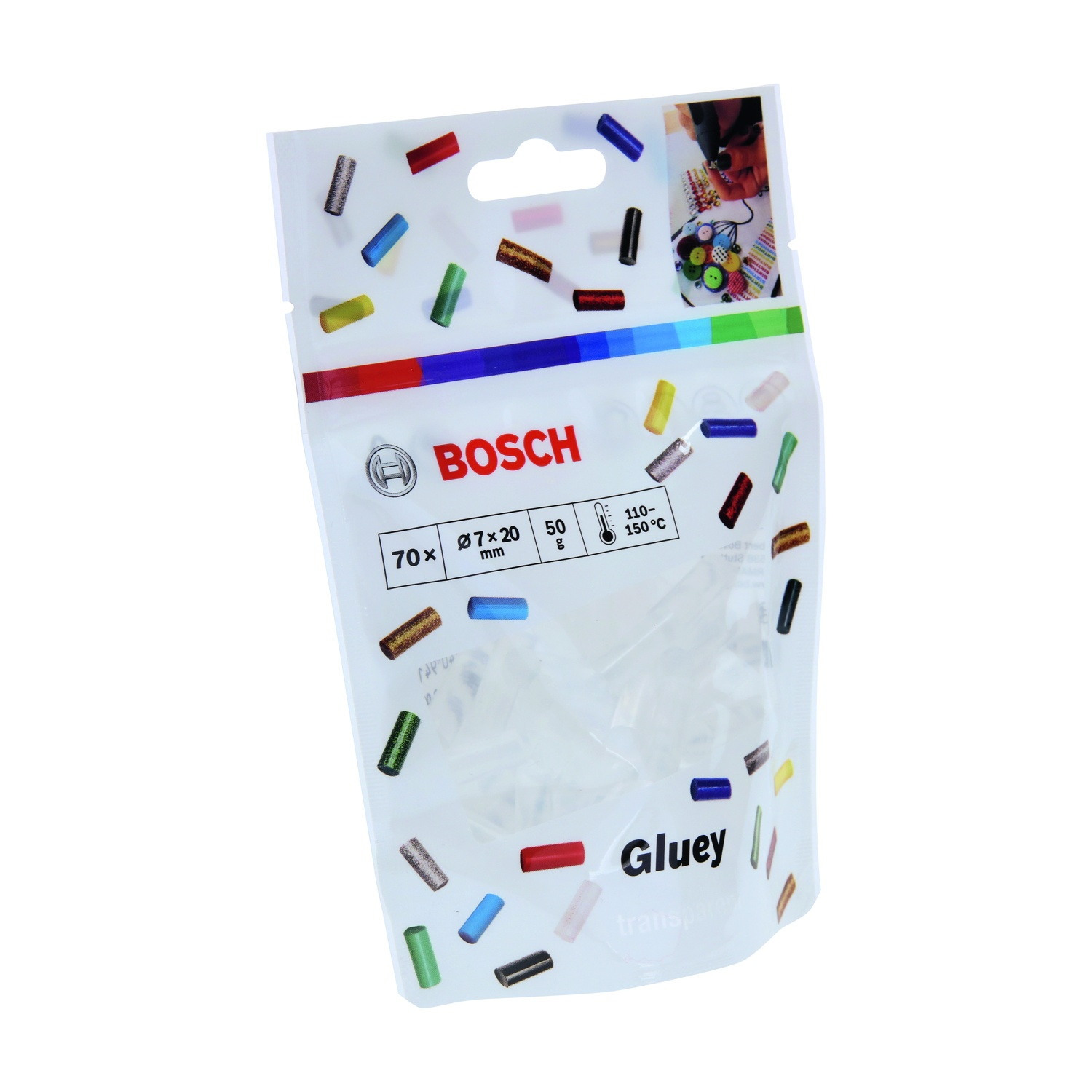 Un sacchetto di plastica trasparente di stick di colla Bosch. La borsa ha bastoncini di colla colorati sparsi e il logo Bosch.