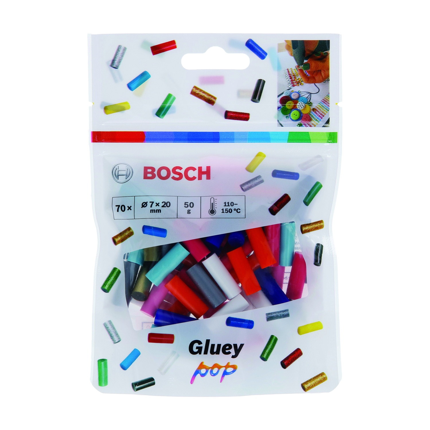 Un sacchetto di plastica trasparente pieno di stick di colla colorati. La borsa dice "BOSCH Gluey pop" con informazioni sul prodotto.