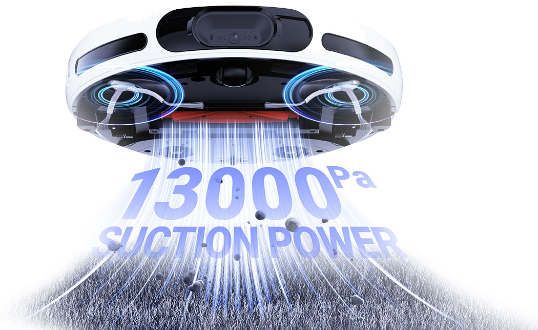 Pokazano biały odkurzacz automatyczny z napisem '13000Pa moc ssania' i wciąganymi cząsteczkami brudu.
