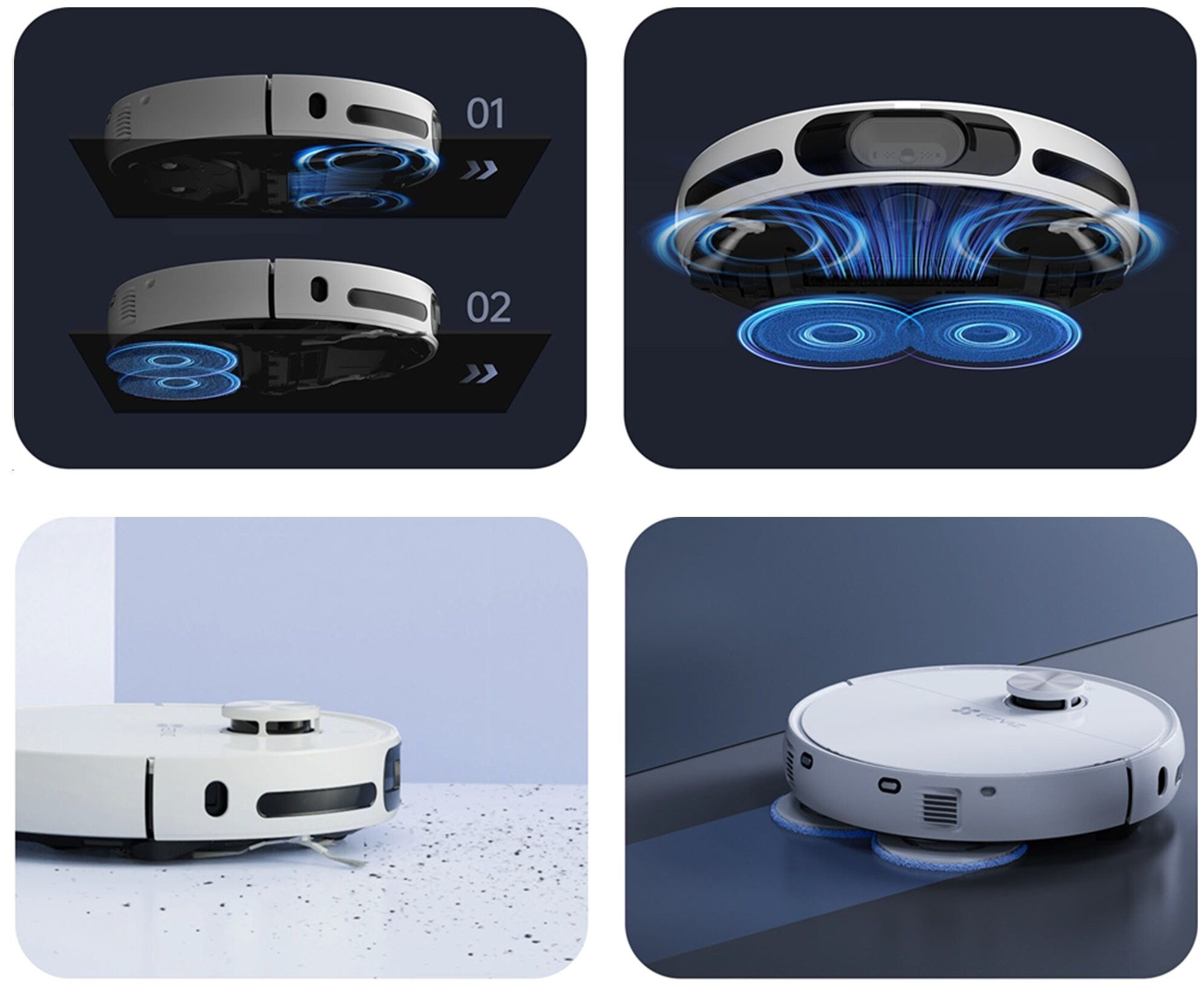 Biały robot odkurzający. Pokazuje odkurzacz z dwoma nakładkami czyszczącymi. Demonstruje mechanizm czyszczenia i szczegóły.