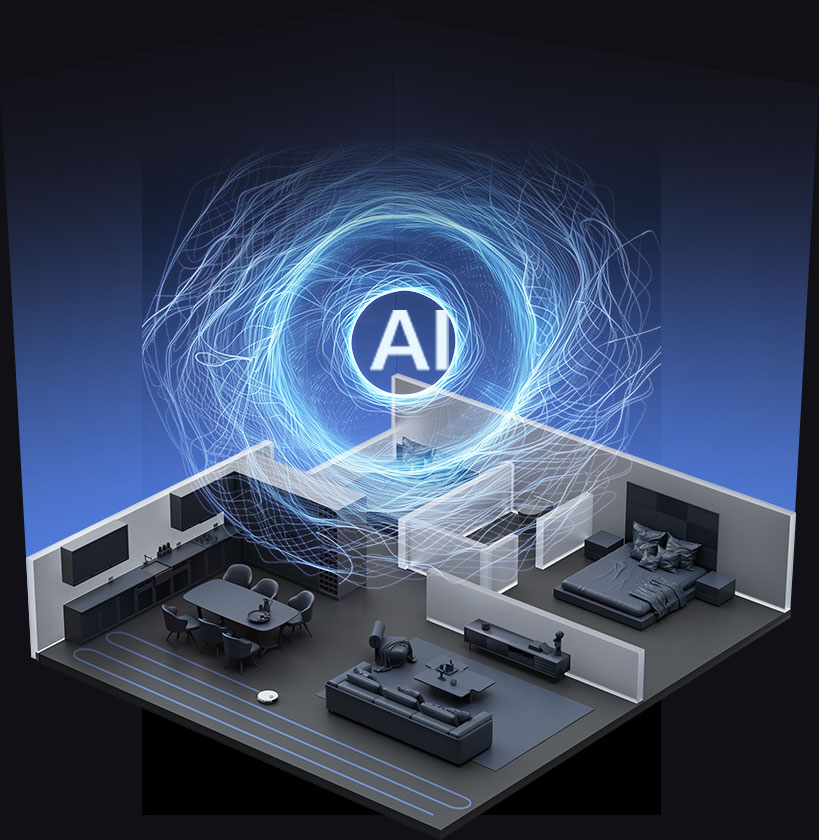Widok izometryczny nowoczesnego domu z symbolem AI. Zawiera salon, kuchnię i sypialnię, z robotem sprzątającym.