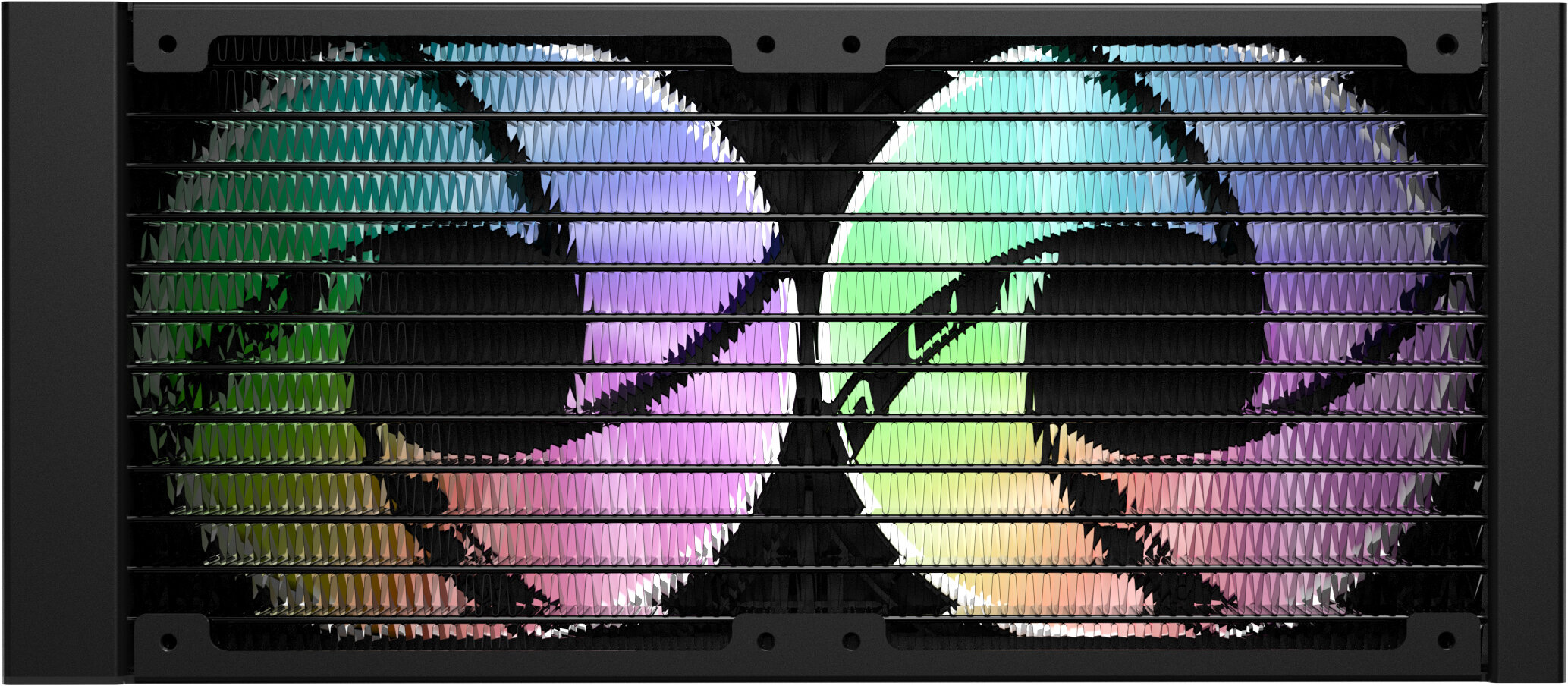 Komponent komputera z wentylatorem widocznym za czarną kratką. Wentylator wyświetla tęczę kolorów.