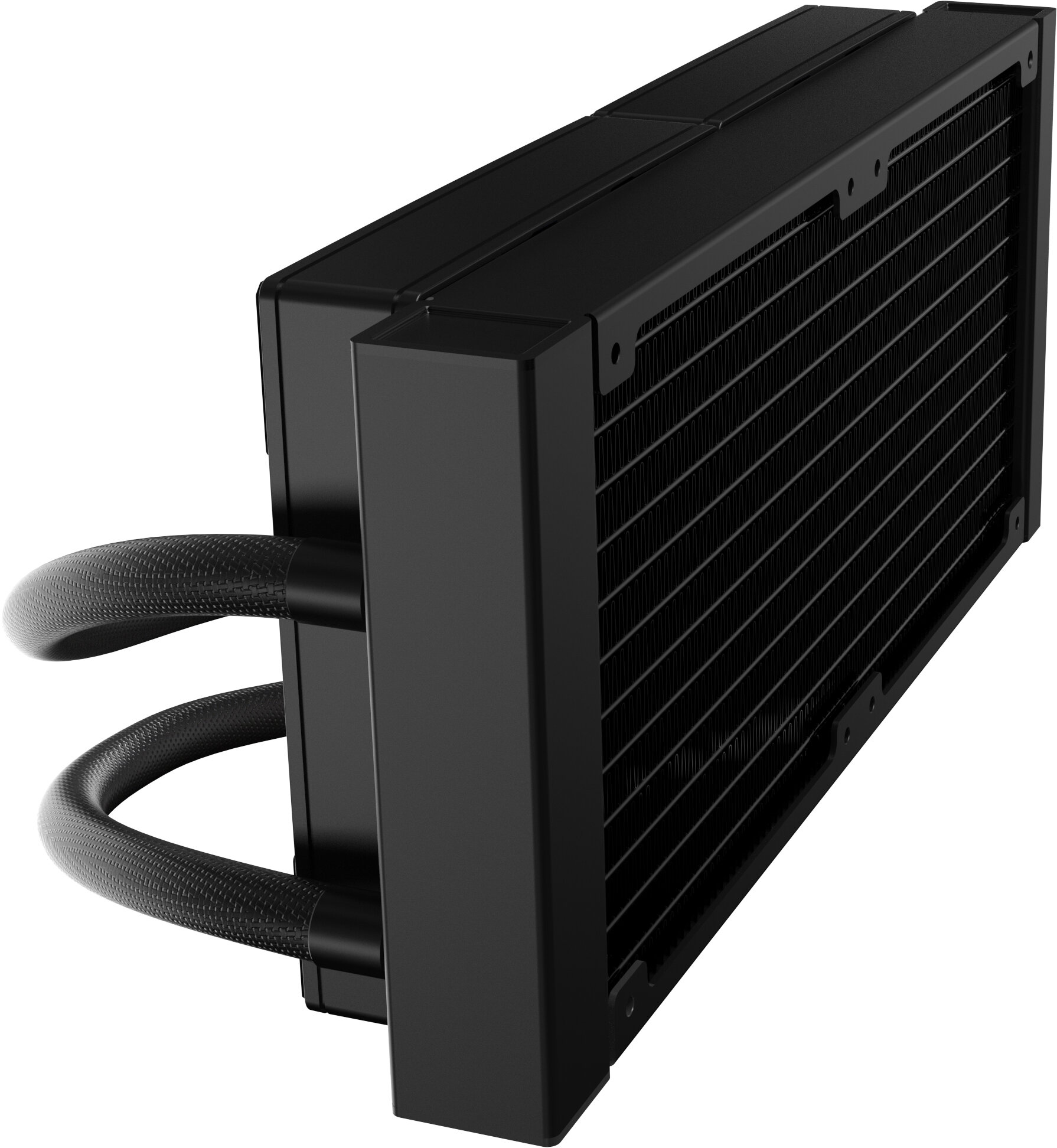 Czarny chłodnica cieczy do komputera. Posiada radiator z żebrami, dwie rurki i czarny prostokątny blok.