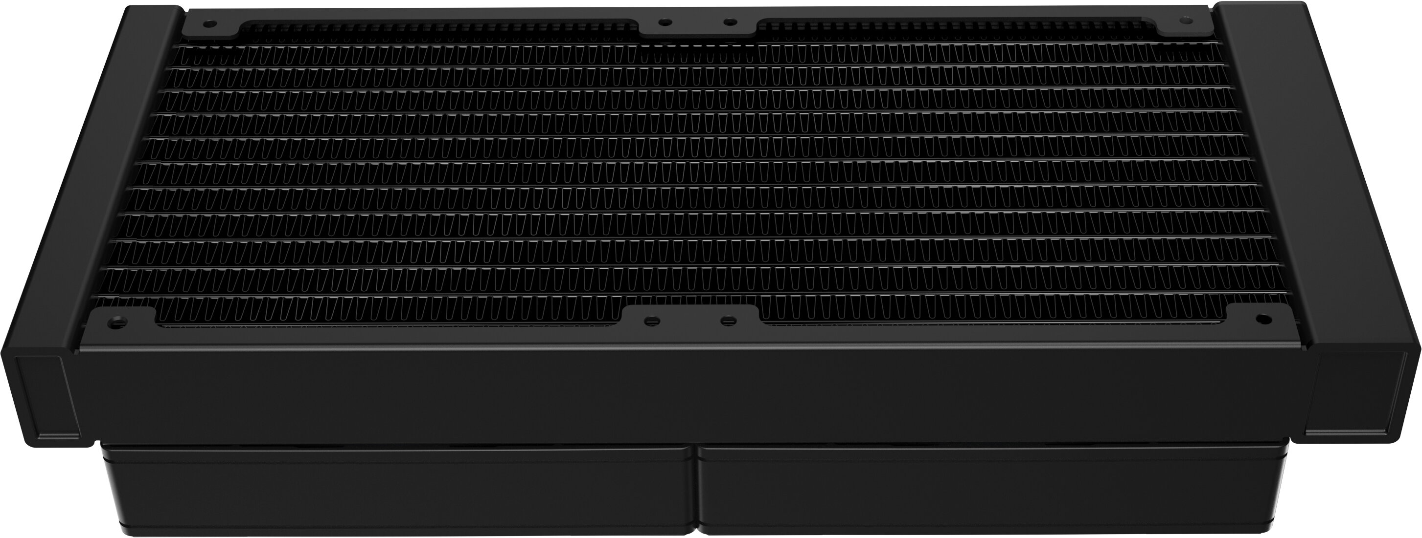 Czarny chłodnica cieczy do komputera. Ma chłodnicę z żebrami i dolną sekcję. Wszystko jest czarne.