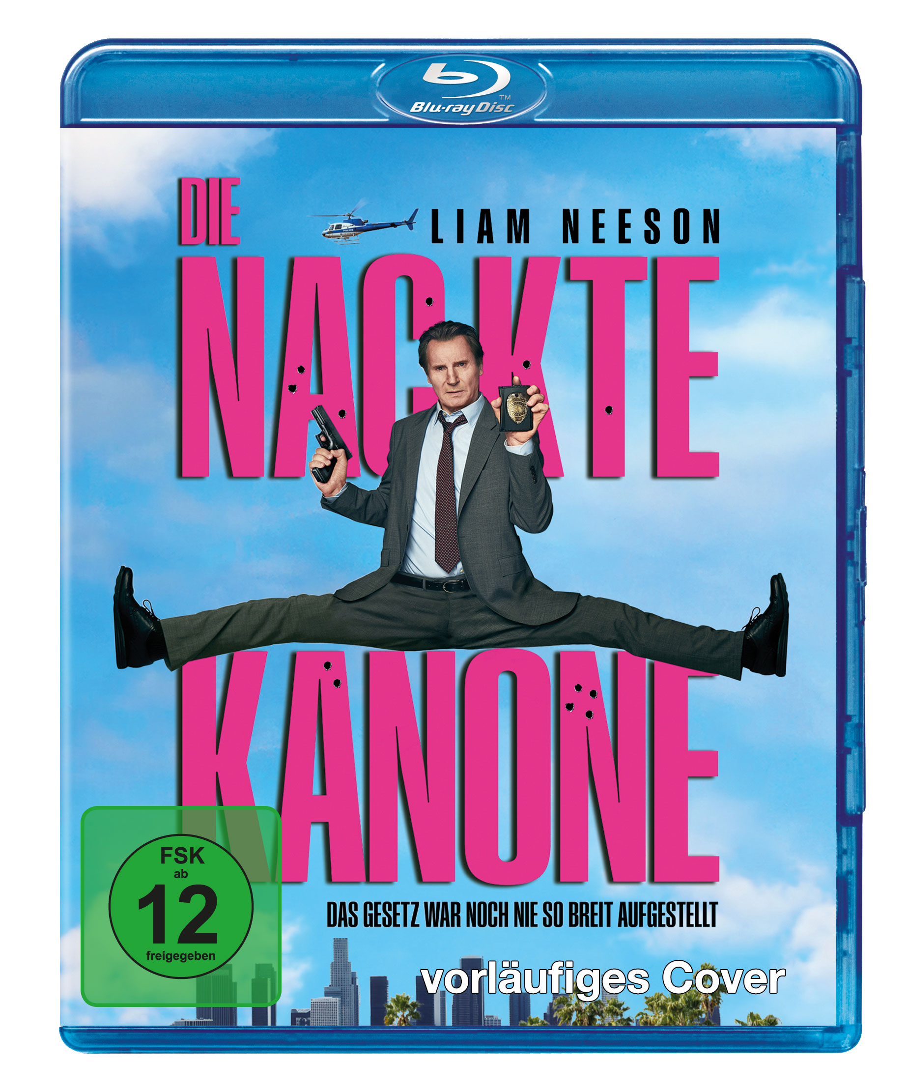 Filmcover: Liam Neeson in einem Spagat, mit Pistole und Ausweis. Titel 'NACKTE KANONE'. Blauer Himmel mit Hubschrauber.