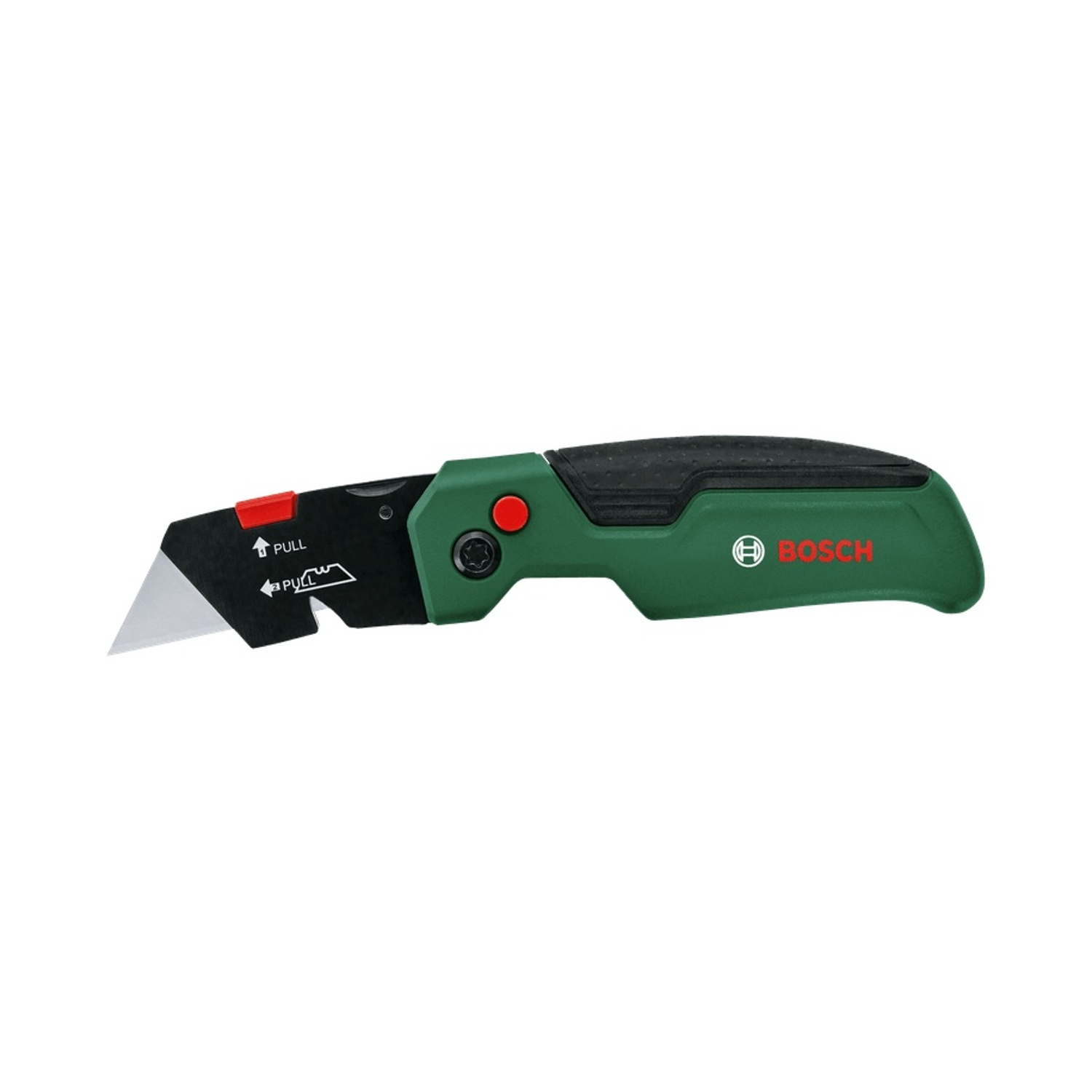 Un taglierino verde e nero con lama argentata. Ha un pulsante rosso e il logo Bosch. Il coltello è su sfondo bianco.