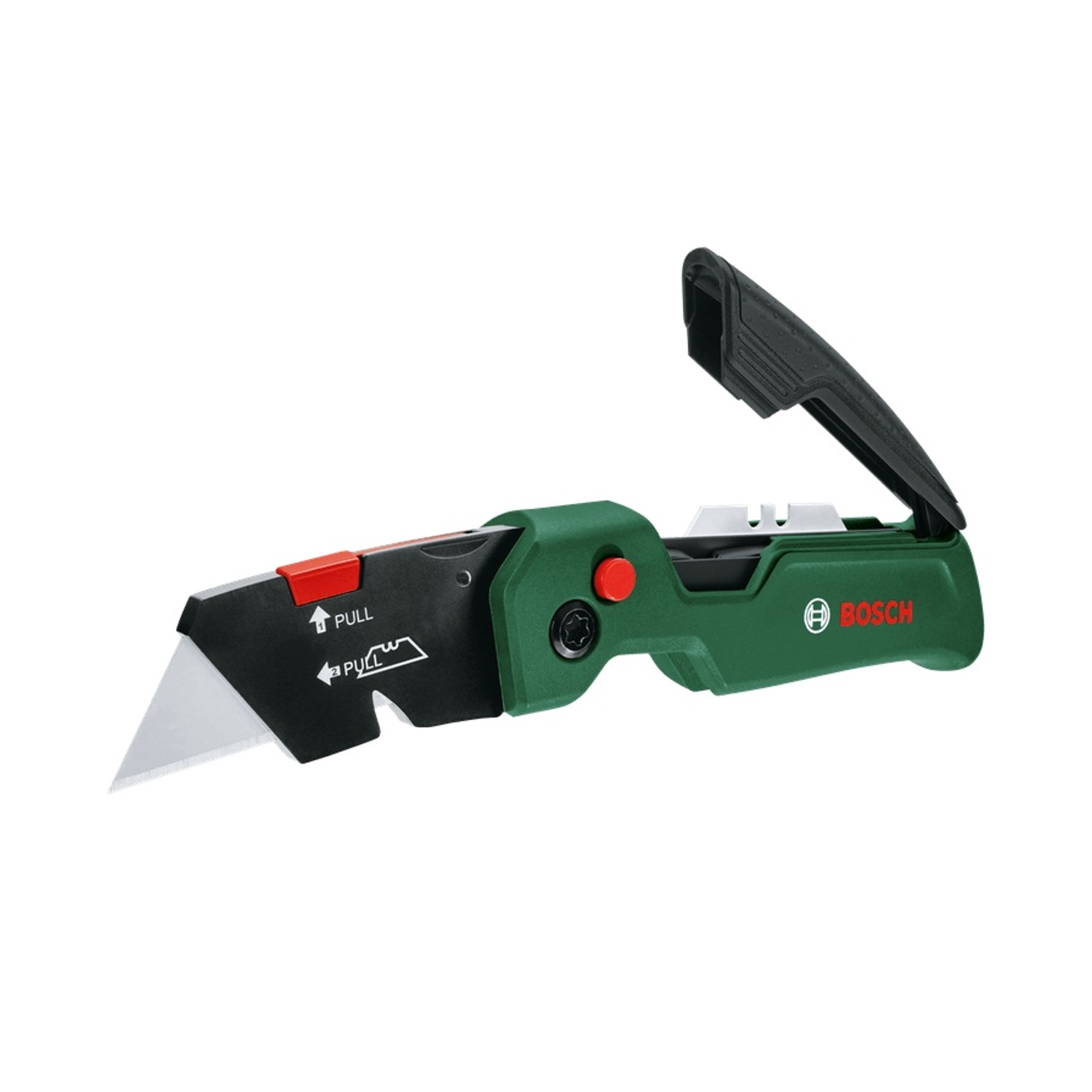 Un taglierino Bosch con manico verde e nero. La lama è estesa e il coltello è su sfondo bianco.