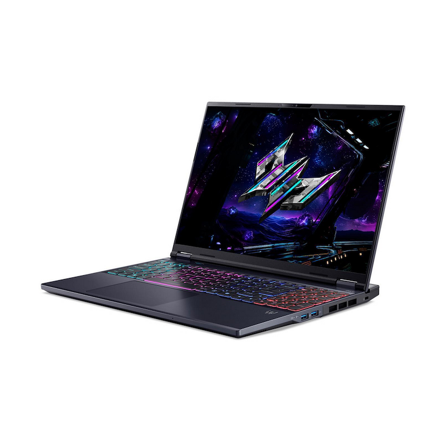 Una laptop oscura está abierta, mostrando una escena espacial en la pantalla. El teclado tiene retroiluminación colorida.