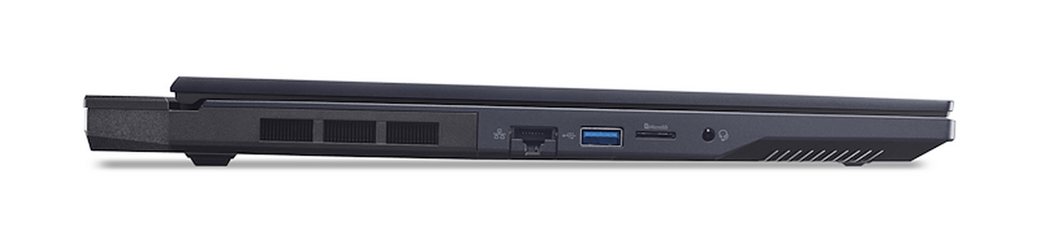 Vista lateral de un portátil negro. Los puertos visibles incluyen USB, Ethernet y conector de audio. El portátil está sobre fondo blanco.