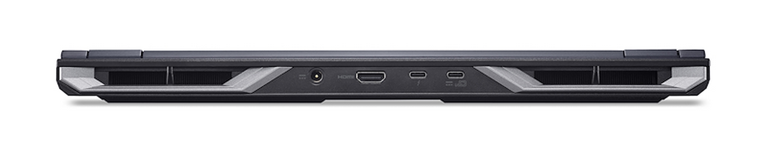 Borde inferior de portátil con puertos y ventilaciones. Incluye alimentación, HDMI, USB-C y rejillas de ventilación.