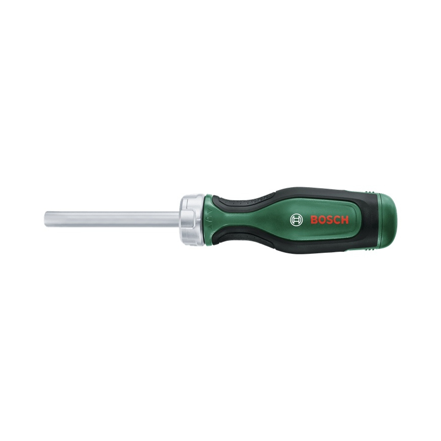 Un cacciavite Bosch con manico verde e nero. L'asta metallica si estende verso sinistra. Il logo Bosch è visibile sul manico.