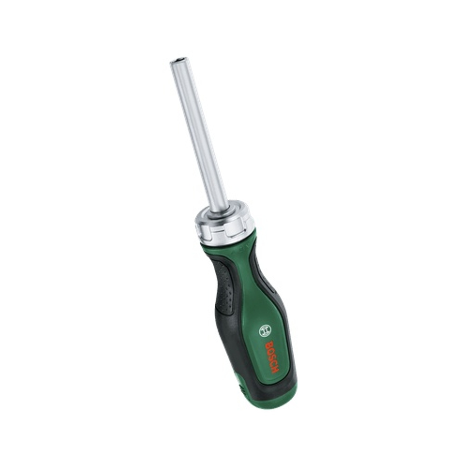 Un cacciavite Bosch con manico verde e nero e albero argentato. Il cacciavite è angolato verso sinistra.