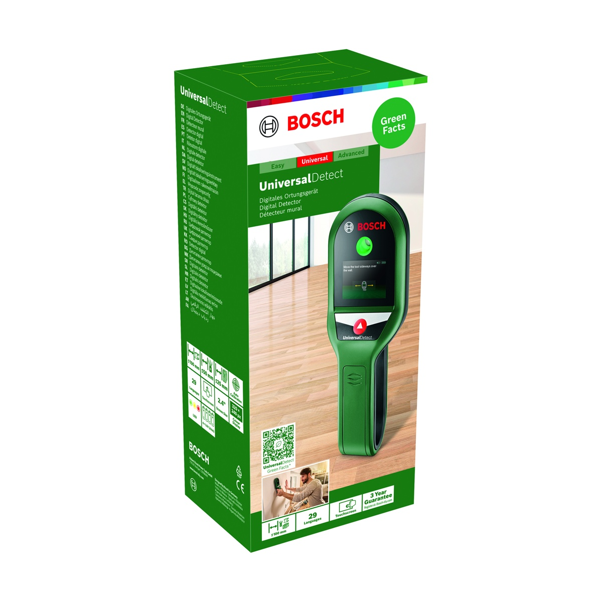 Un rilevatore digitale Bosch UniversalDetect verde. La scatola mostra anche testo in più lingue.