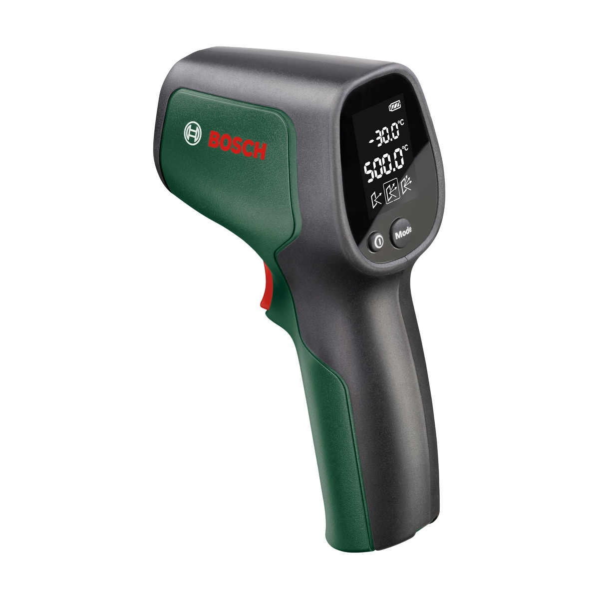 Termometro a infrarossi Bosch. Corpo verde e nero, display digitale mostra -30,0°C e 500,0°C. Grilletto rosso. Logo Bosch.