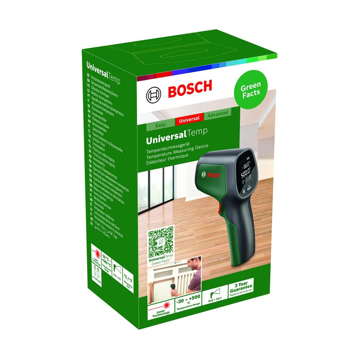 Scatola Bosch UniversalTemp. Termometro. Verde e nero. Tecnologia laser, da -30 a +500 °C.