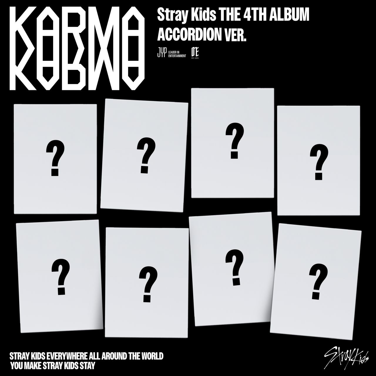 Albumcover mit dem Wort "Karma" und "Stray Kids"-Text. Acht weiße Quadrate mit schwarzen Fragezeichen auf schwarzem Hintergrund.