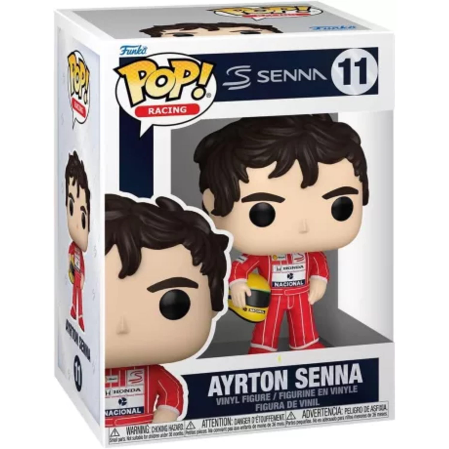 A Funko Pop figure of Ayrton Senna in a red racing suit, holding a helmet, inside a box with his name and branding.