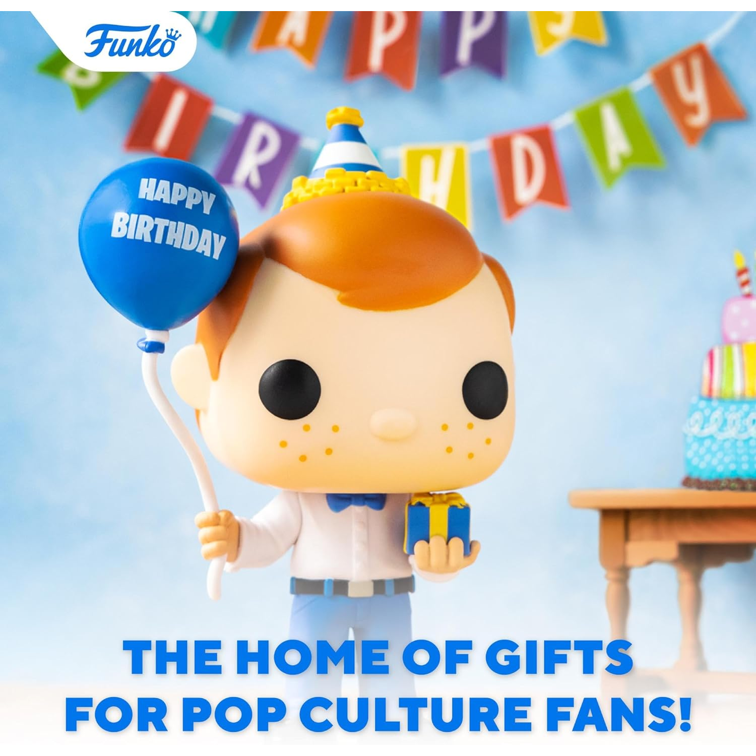 A Funko Pop figure holding a blue balloon that says Happy Birthday, a gift, and wearing a party hat. A banner saying Happy Birthday is behind it.