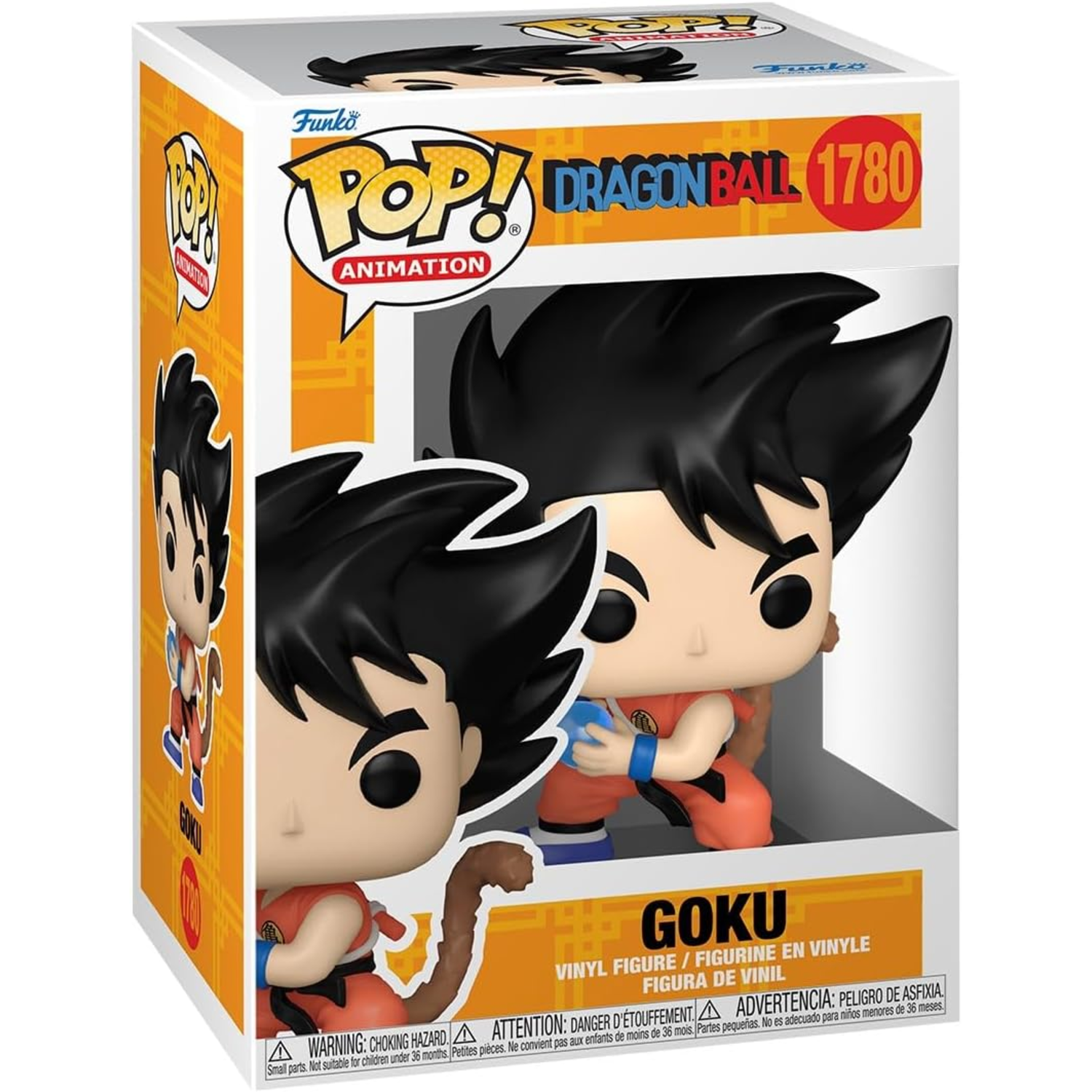 A Funko Pop box featuring Goku from Dragon Ball. The figure is in orange and blue attire. The box has the Funko Pop logo.