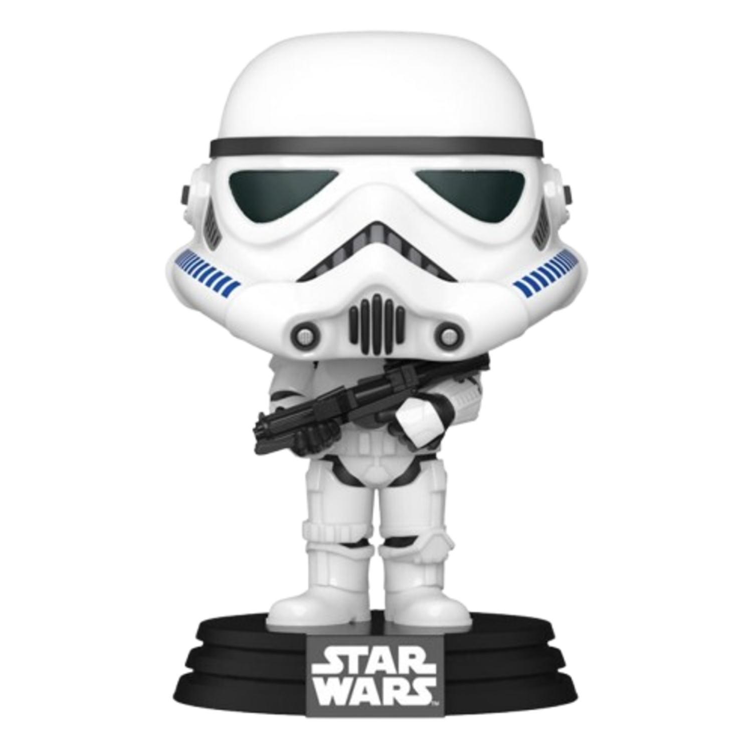 A Stormtrooper figure from Star Wars, in white armor, holding a black blaster. It stands on a black base with the Star Wars logo.