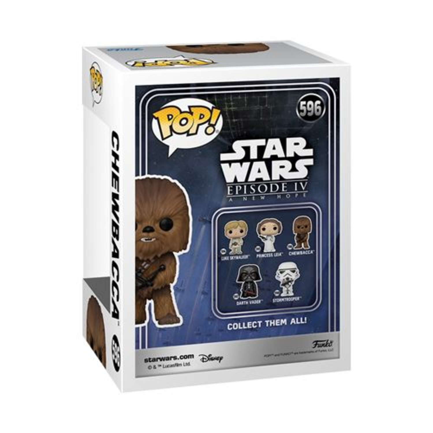 A Funko Pop box featuring Chewbacca. The box shows the character and other Star Wars figures. The box has the Star Wars logo.