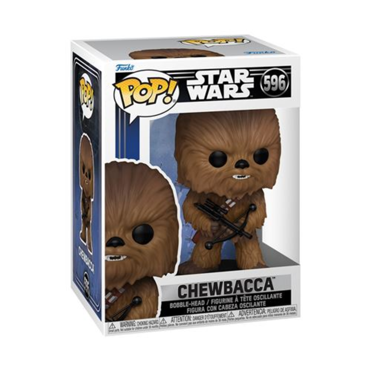 Chewbacca Funko Pop figure in a box. Brown figure with a crossbow, box shows Funko Pop and Star Wars logos.