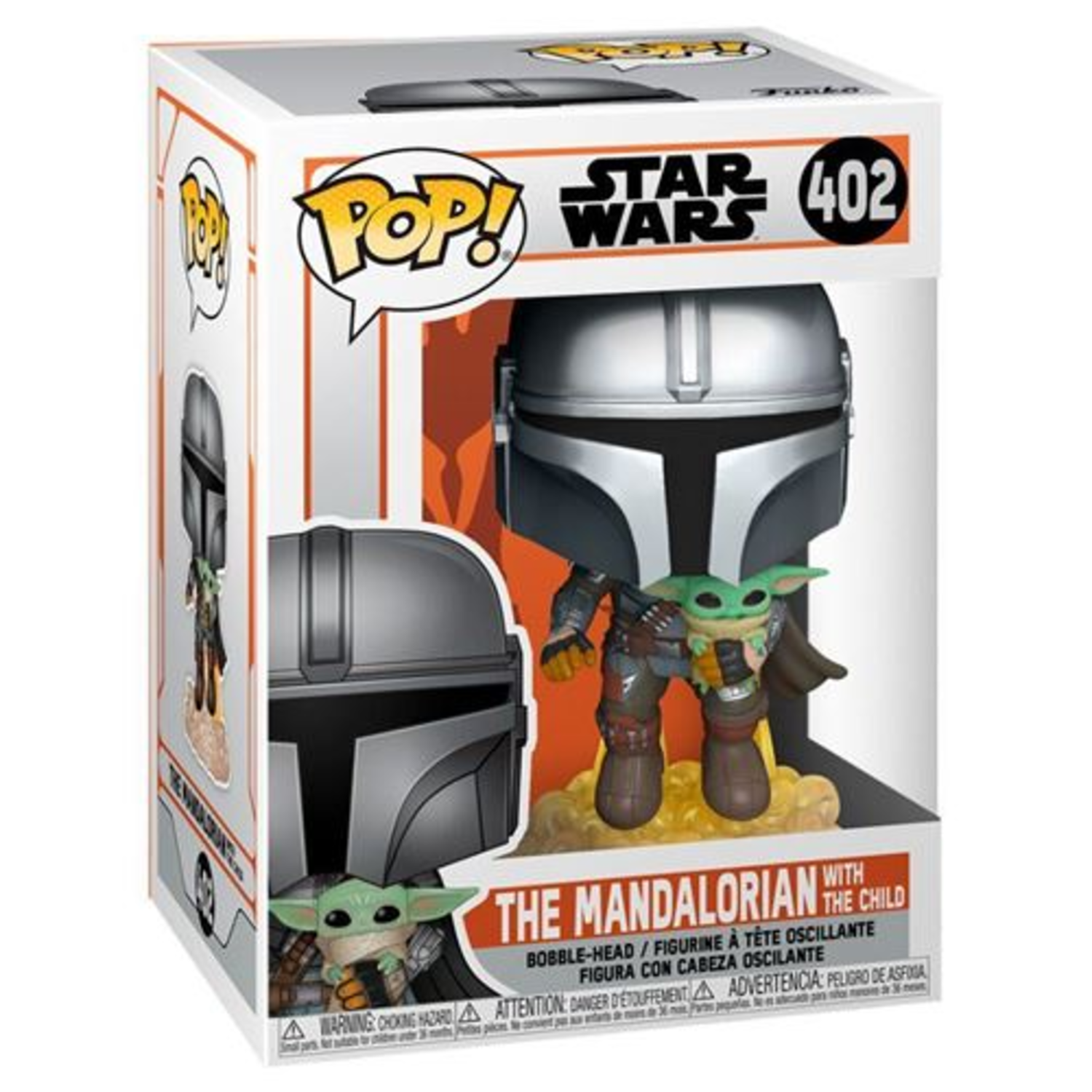 A Funko Pop box of The Mandalorian with The Child. The figure is in the box with the Star Wars logo and character names.
