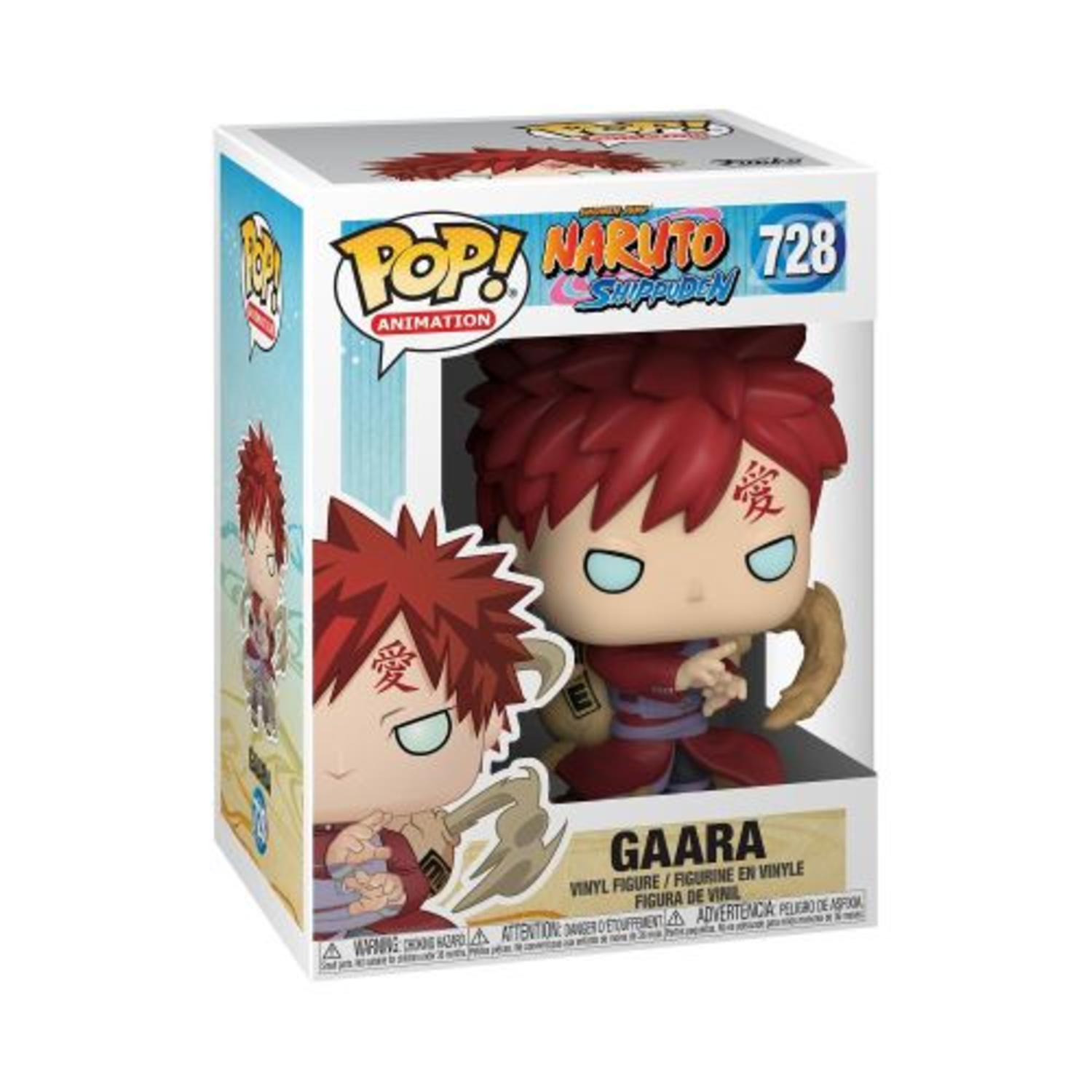 A Gaara Funko Pop figure in its box. Gaara has red hair and a symbol on his forehead. The box displays 'Naruto Shippuden'.