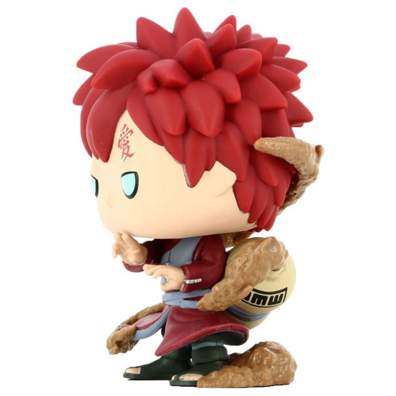 A Gaara figure with red hair, a tattoo, and a sand gourd. He wears a red and gray outfit and stands on a sand base.