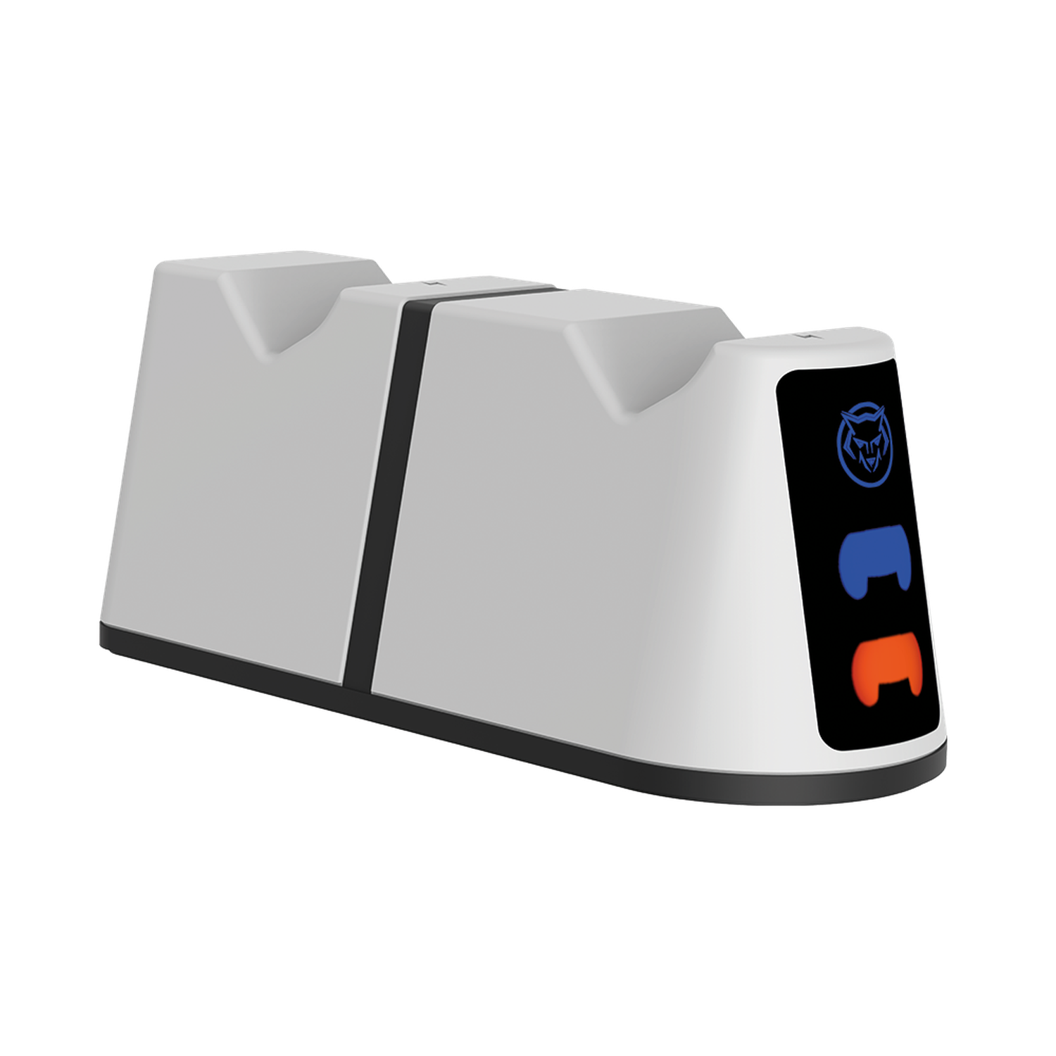 A white charging station with a black base and a logo. It has a blue and orange controller icon on the front.