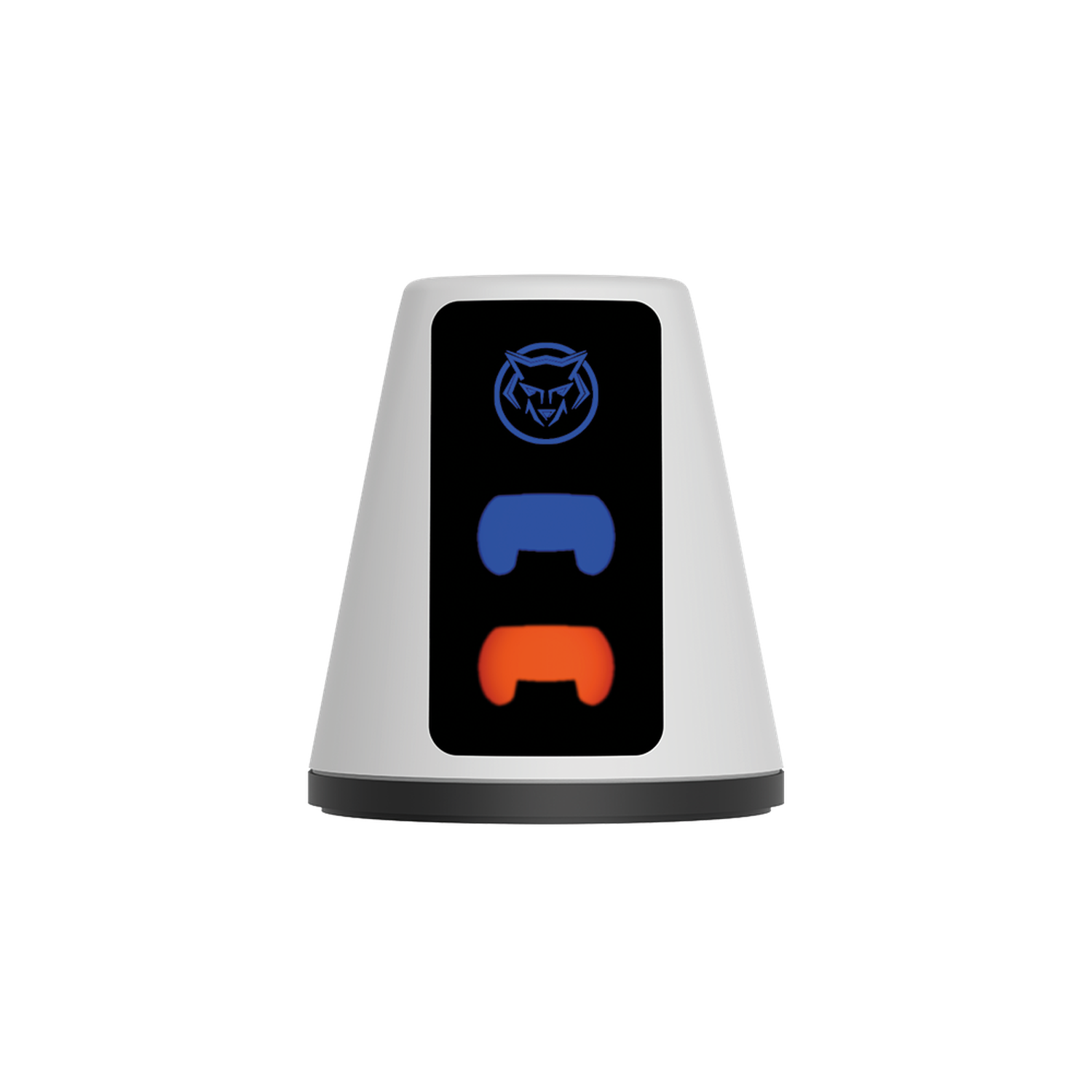 White device with a black screen showing a blue logo, a blue and an orange game controller. Black background.