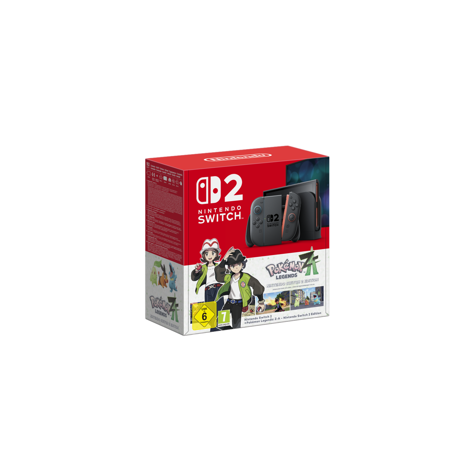 Un coffret Nintendo Switch. La boîte est rouge, avec le logo Nintendo Switch. Elle contient la console et un jeu.