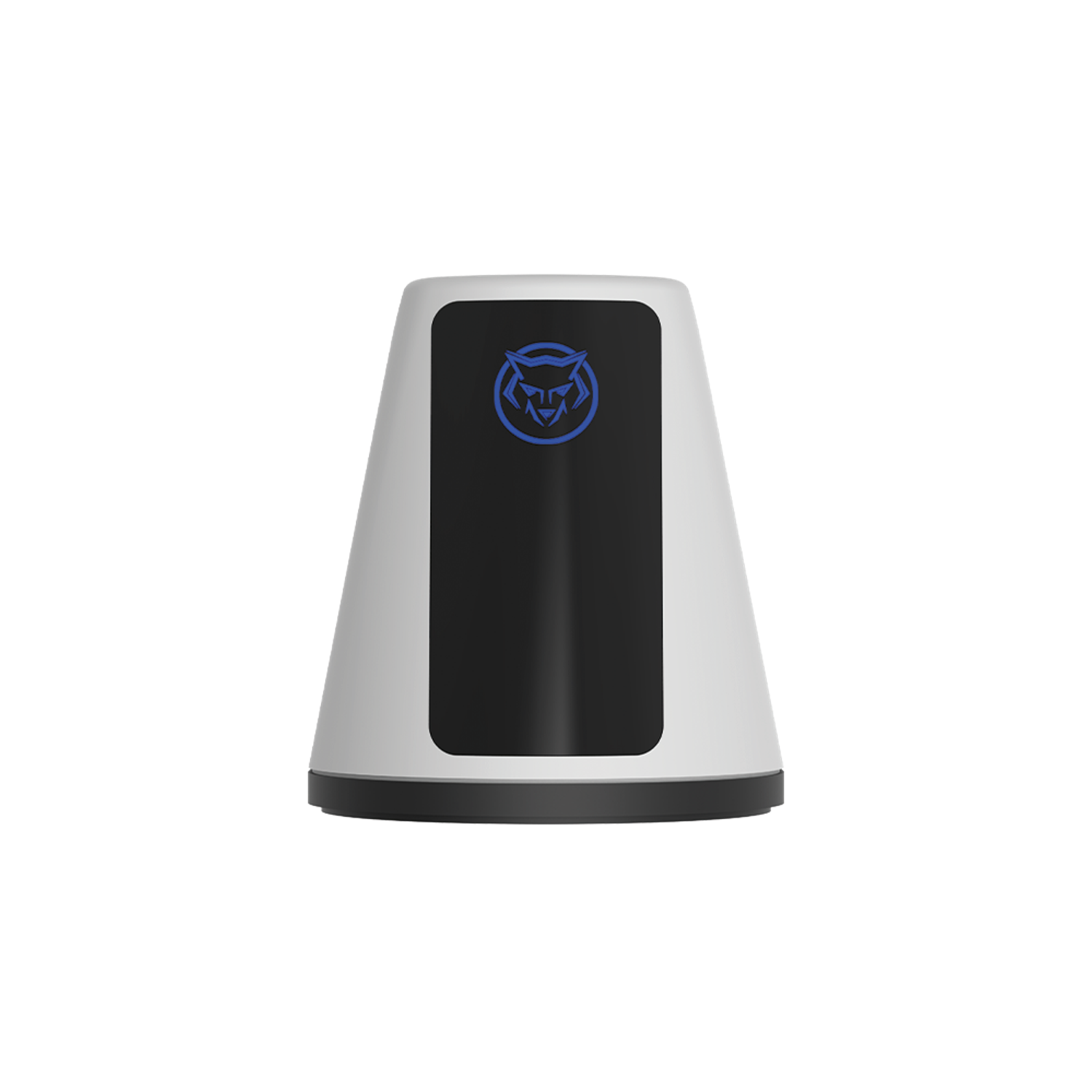 A white and black device with a blue logo on the front, set against a black background. It has a circular base.