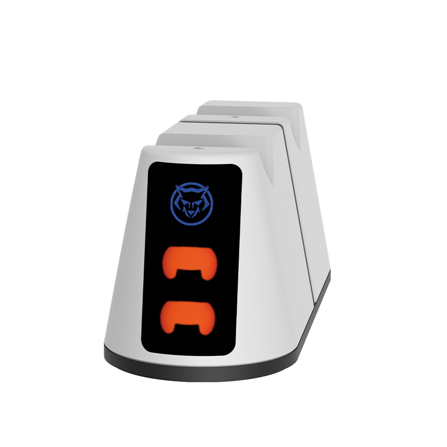 A white gaming console charger. It has a black front with orange controller icons and a blue logo. The background is black.