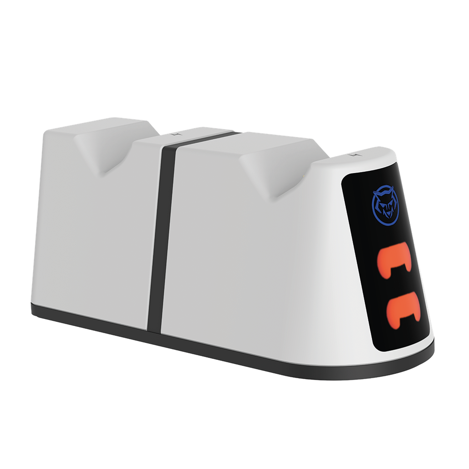 White and black device. It has two orange buttons and a blue logo. The background is black.