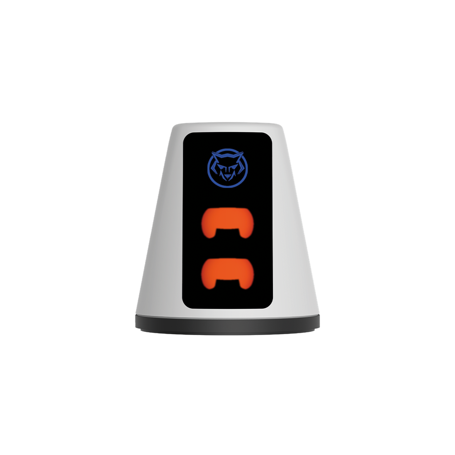 A white device with a black screen displaying a blue logo and two orange game controller icons. Black background.