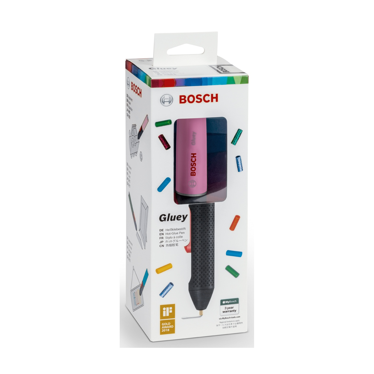 Una pistola per colla a caldo Bosch Gluey nella sua confezione. La confezione è bianca con il logo Bosch e i dettagli del prodotto.