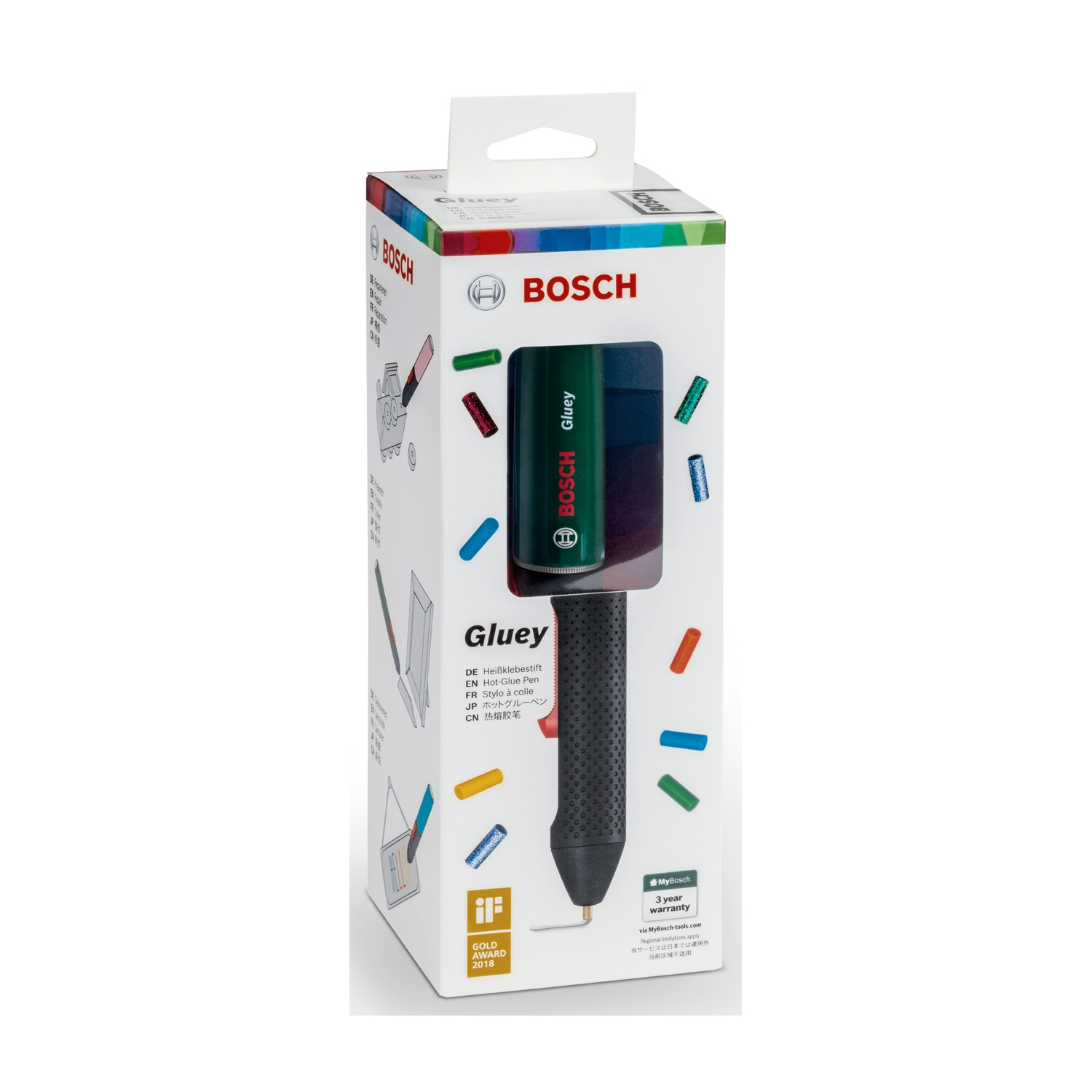 Una pistola per colla a caldo Bosch Gluey è esposta nella sua scatola. La scatola è bianca con accenti colorati e informazioni sul prodotto.