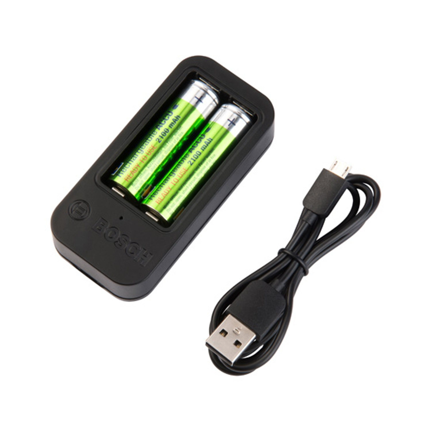 Caricabatterie nero con due batterie verdi e un cavo USB nero su sfondo bianco. "BOSCH" è stampato sul caricatore.