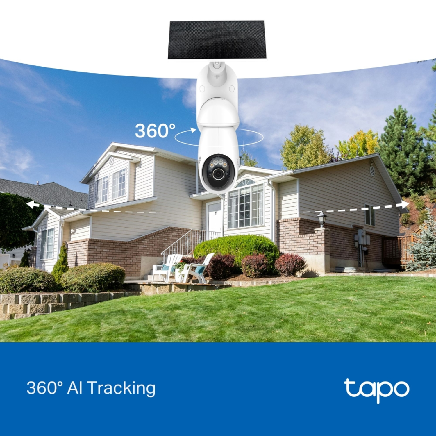 A white security camera over a house. 360° AI tracking is advertised. Green grass and blue sky in the background.