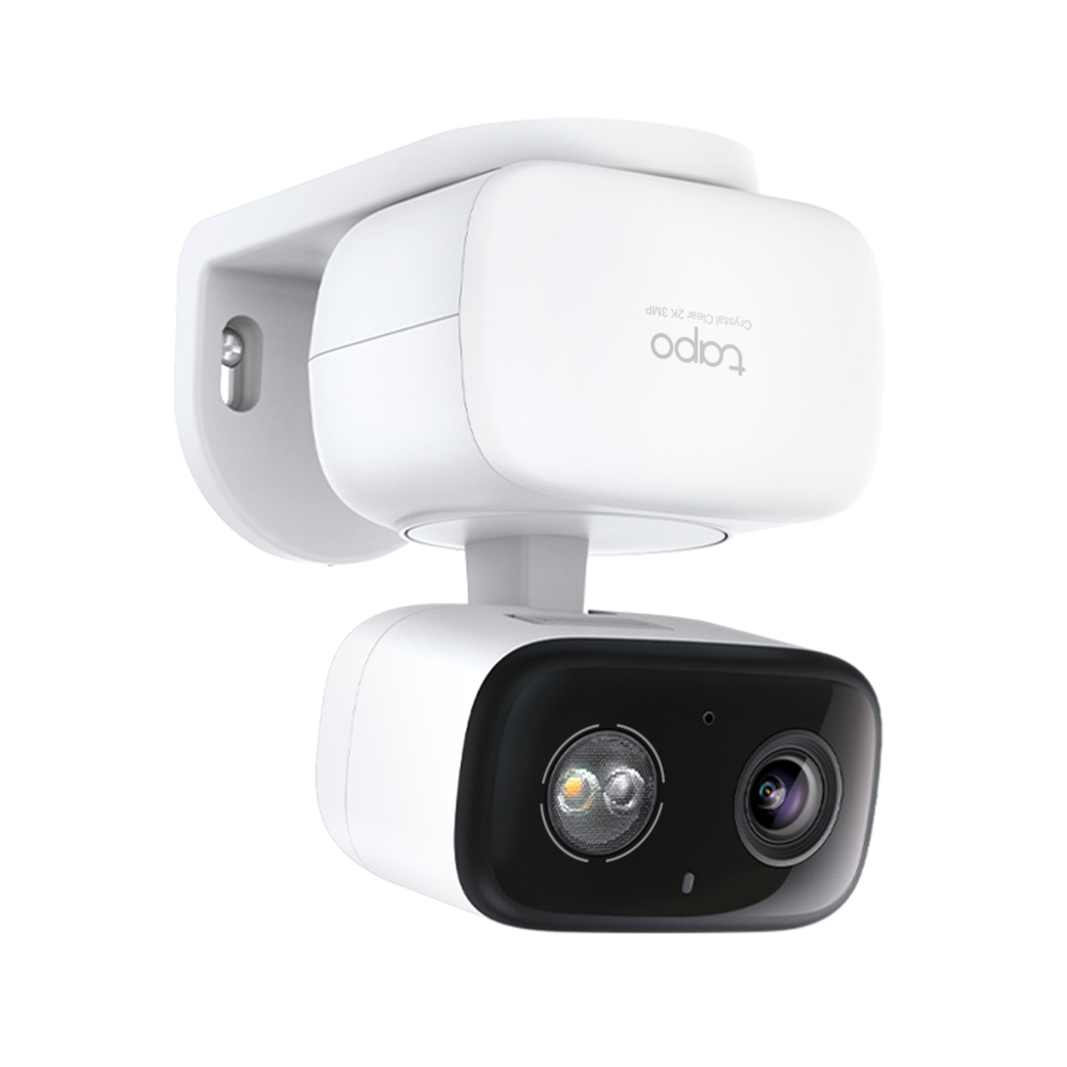 White Tapo security camera. It has a black front with two lenses and a light. It is mounted on a white wall bracket.