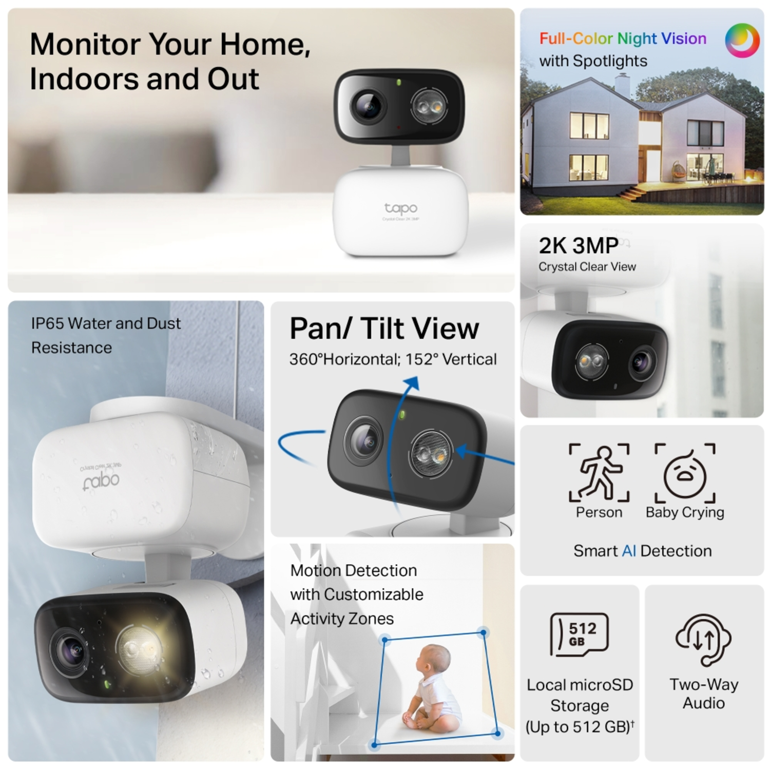 A white and black security camera with features like full-color night vision, 2K 3MP, and smart AI detection, plus baby crying and person detection.