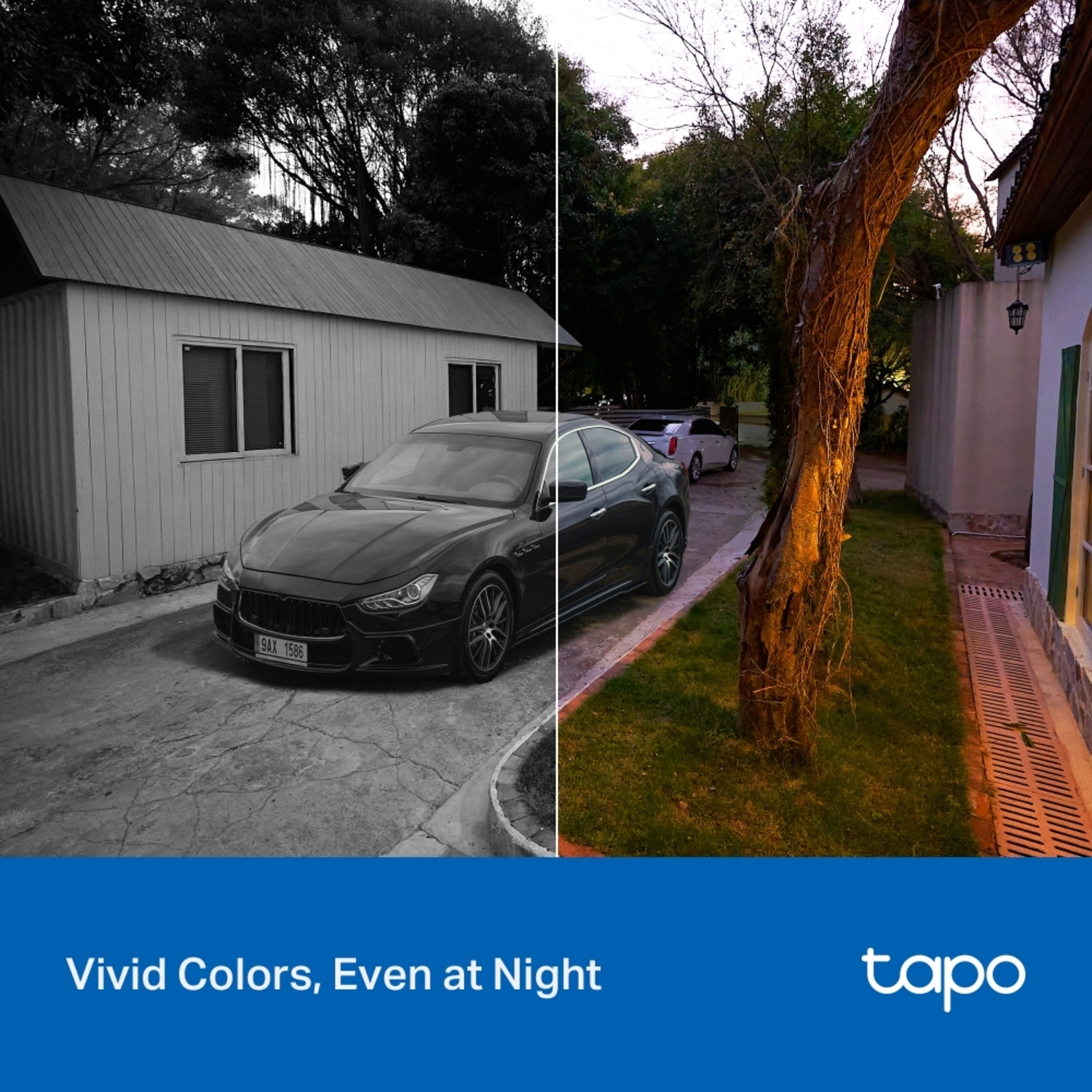 Black car parked in front of a white building. The right side shows a tree and a white car.