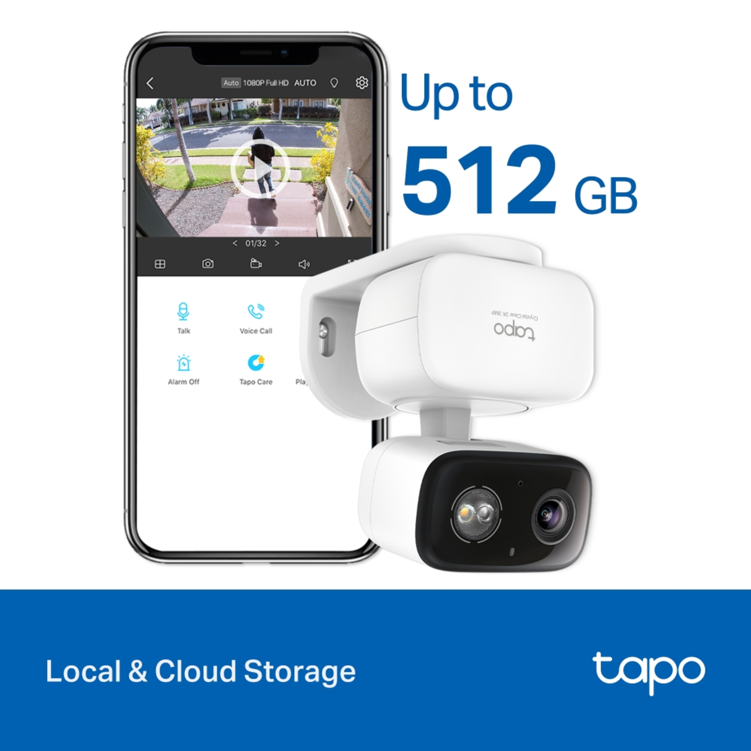 A smartphone displays a security camera view. A white security camera is next to the phone. Text says "Up to 512 GB".
