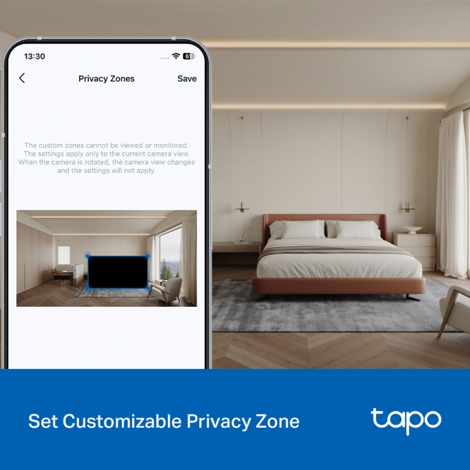 Smartphone showing a privacy zone setup in a bedroom. The room has a bed and a window. The Tapo logo is at the bottom.