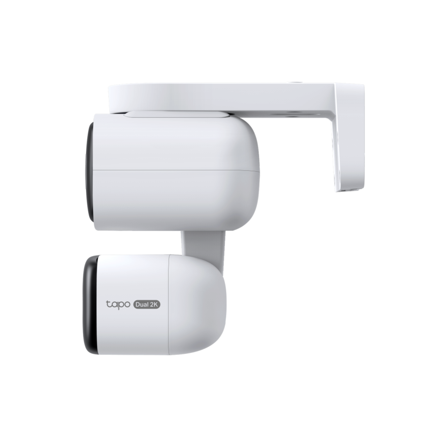 A white security camera with a bracket. The camera has two lenses and the brand name is Tapo Dual 2K.