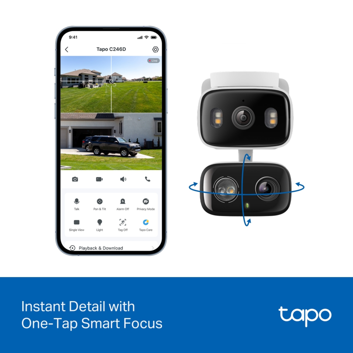 Smartphone shows a house view and a security camera. The camera has two lenses and a rotating feature. Tapo branding is visible.