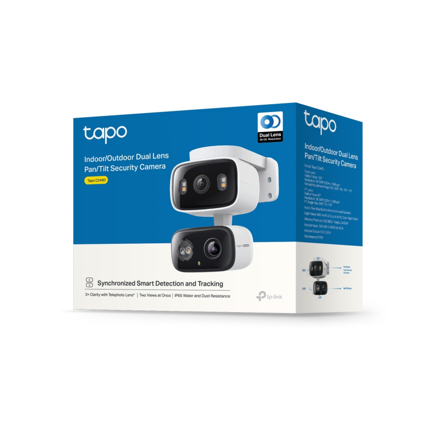 Box shows a white Tapo security camera with dual lenses, the box is blue with product info.