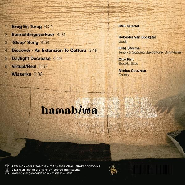 Albumcover mit Titelliste und Musikercredits. Enthält die Band 'hamabiwa' und das RVB Quartet. Dunkler Hintergrund mit Text.